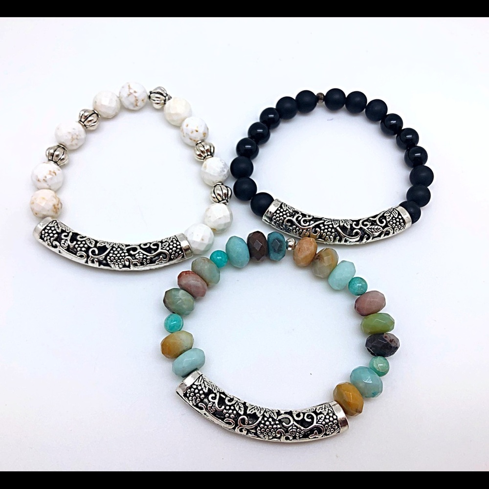 Silver Curved Bar Gemstone Bead Bracelets NWT